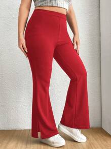 SHEIN EZwear Valentine's Day,Plus Size Casual Solid Color Split Flared Pants - Red - View 5