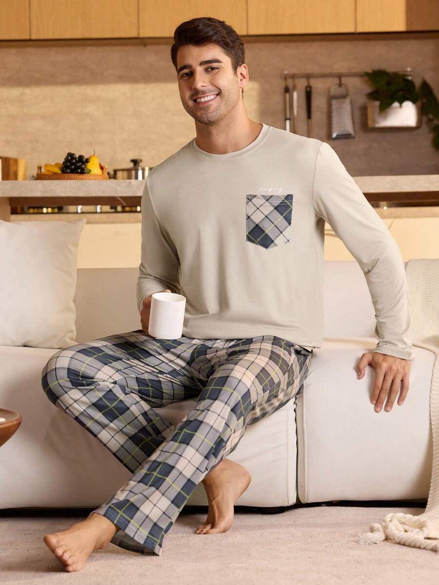 Manfinity Underwear&Sleepwear Basics 男士纯色拼布圆领长袖休闲上衣和裤子睡衣套装