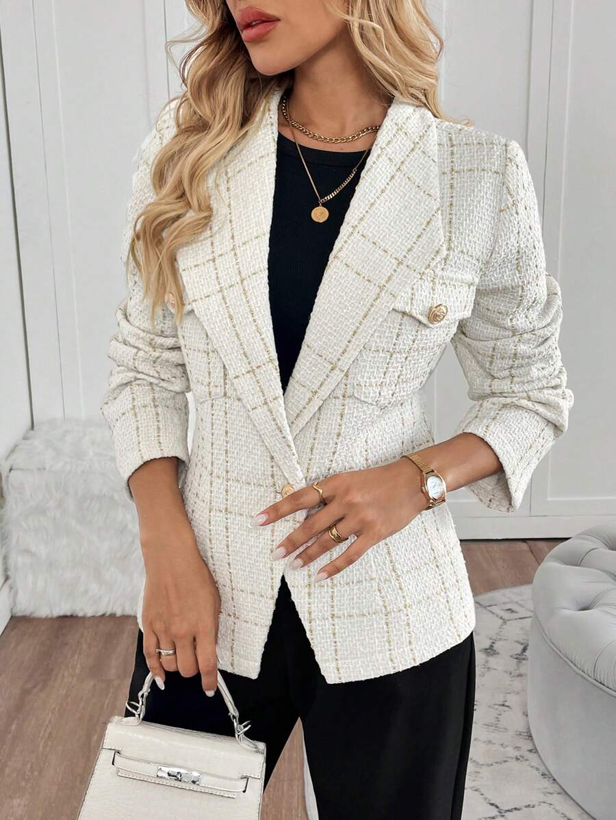 SHEIN Clasi 女士修身优雅西装外套，带口袋设计，秋冬 - 白色 - 查看 1