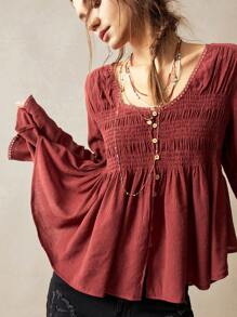 Bohemela Vacation Casual Solid Color Woven Cut-Out V-Neck Long Sleeve Blouse For Women Western Wear Women Festival Boho Hippie