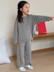 Dazy Kids 年轻女孩纯色毛衣和打底裤套装，秋冬季休闲装 - 灰色 - 查看 6