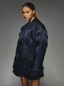 MISSGUIDED Kurtka typu bomber premium z zamkiem błyskawicznym z przodu, prążkowane wykończenie, jesień zima, styl uniwersytecki, ocieplana, odzież uliczna, moda - Królewski Niebieski - Zobacz 3
