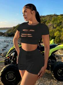 SHEIN SXY 高腰V腰拼接纯色性感短裤，夏季