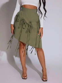 BamGleam Women Solid Color High Waist Front Tie Casual Asymmetrical Skirt