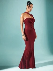 Hauture 冬季女装，女士优雅酒红色纯色单肩不对称甜心领口褶皱长款休闲紧身连衣裙，优雅女装，圣诞女装，舞会礼服，红色连衣裙。适合约会之夜、音乐会、表演、婚礼、派对、俱乐部、晚会、正式礼服 - 紅色 - 查看 4