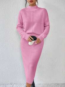 Chiquease 2pcs Set Minimalist Casual Drop Shoulder Knitted Sweater And Mini Skirt - Pink - View 1