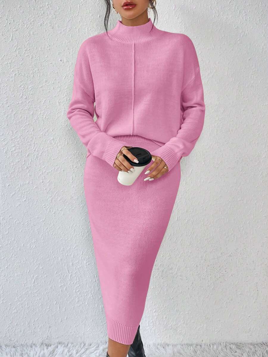 Chiquease 2pcs Set Minimalist Casual Drop Shoulder Knitted Sweater And Mini Skirt - Pink - View 1
