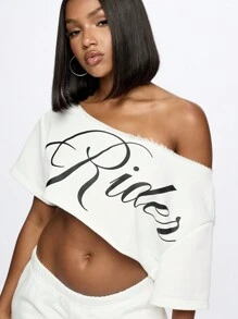 SUMWON WOMEN 露肩不对称短款上衣字母图案印花设计原始边缘夏季节日休闲街头风格酷炫 - 白色 - 查看 3