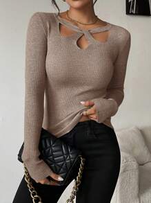 SHEIN Clasi Women's Collar Hollow-Out Solid Color Base Layer Pullover Sweaterbusiness Casual Woman,Work Wear,Fall Wedding Guest Dress,