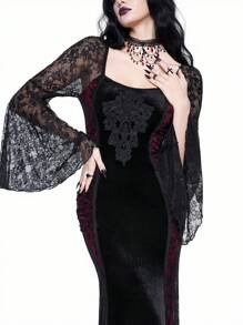 ROMWE Goth Vestido entallado con mangas acampanadas de encaje en negro y rojo, estilo gótico vintage, para mujeres, para Año Nuevo - Negro - Ver 2