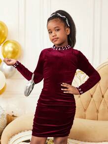SHEIN Vestido de manga larga elegante y ajustado con cuello alto de terciopelo, con volantes y tachuelas para niña preadolescente