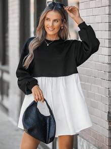 SHEIN LUNE Sudadera con capucha holgada de patchwork blanco y negro casual para mujer