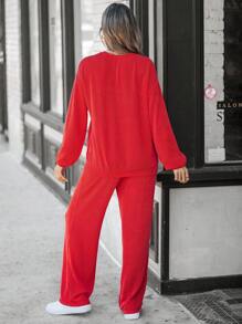 SHEIN LUNE Set de 2 piezas compuesto por sudadera con cuello redondo, estampado de letras y hombros caídos, talla grande pantalones de cintura elástica y pierna ancha para mujeres