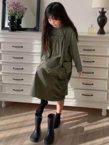 DAZY Set de 2 piezas: Top de manga larga a rayas de punto talla grande vestido de tirantes tejido para niñas preadolescentes, ropa de primavera/verano, tallas grandes, ropa de vuelta al colegio