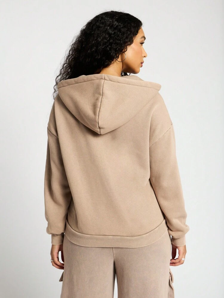 SUMWON WOMEN Distressed Applique Full Zip Hooded Cargo Pocket Sweatshirt