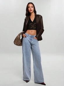 RueChic LEOPARD DETAILED LOW WAIST WIDE LEG JEAN - Light Wash - View 5