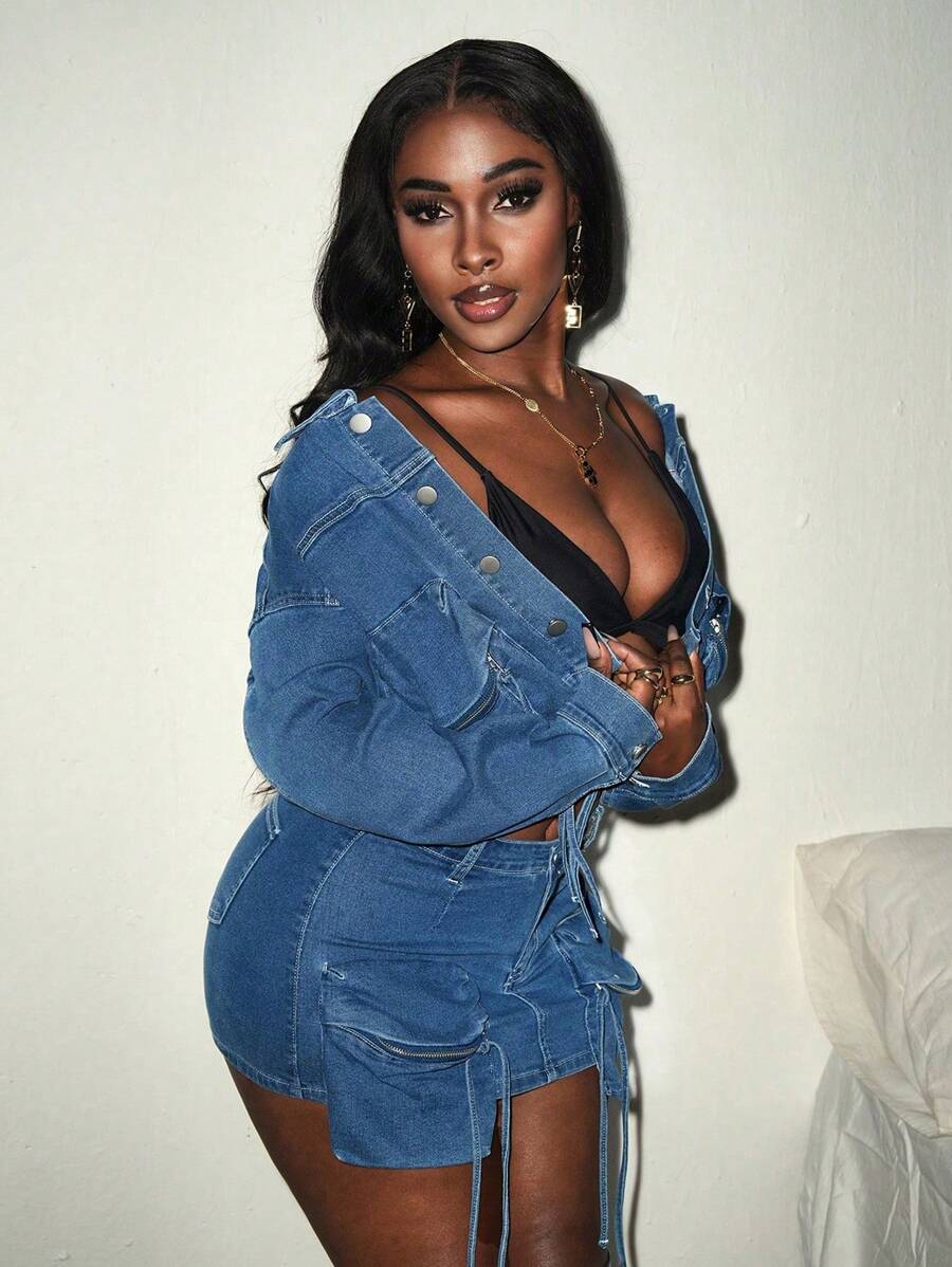 SHEIN Slayr Washed Denim Cropped Jacket, Casual For Autumn - Medium Wash - View 1