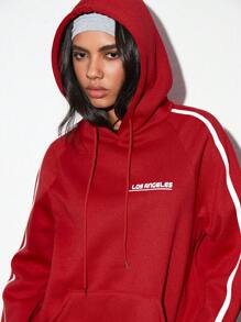 Flirla 1 pieza Sudadera con capucha casual y versátil de minimalista con estampado de letra y bolsillo tipo canguro, color rojo, para otoño/invierno y ropa de Año Nuevo