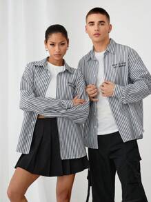 Manfinity VCAY 男女通用宽松字母图案印花长袖休闲编织条纹衬衫 - 彩色 - 查看 1