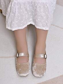 1 Pair Girl Velvet Closed Toe Flat Slide Slippers, Suitable For Daily Wear - Apricot - View 3