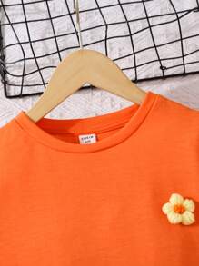 Tween Girls 2 Pieces Set: Solid Color Round Neck Floral Applique T-Shirt And Fitted Flare Knit Pants - Orange - View 3