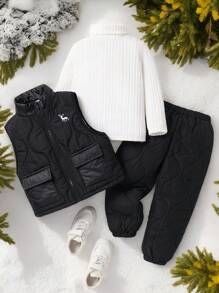 SHEIN Leap Crew 买二送一年轻男孩休闲舒适时尚简约实用百搭 T 恤和绗缝裤和黑色背心棉衣外套，适合秋冬季 - 黑色 - 查看 1