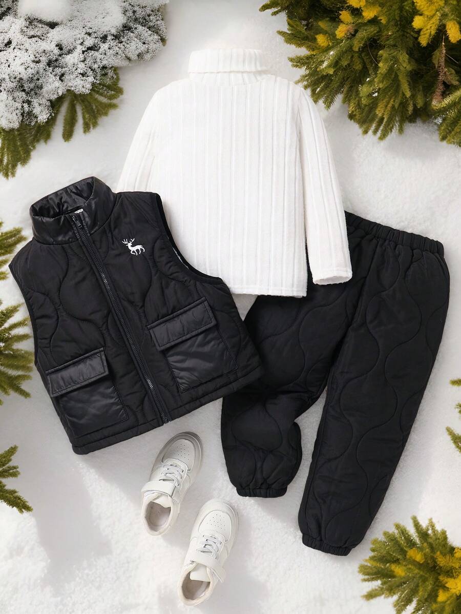 SHEIN Leap Crew 买二送一年轻男孩休闲舒适时尚简约实用百搭 T 恤和绗缝裤和黑色背心棉衣外套，适合秋冬季 - 黑色 - 查看 1