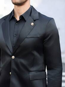 Manfinity Bizformal Jaqueta casual masculina de cor sólida, moda minimalista para uso diário - Preto - Ver 2