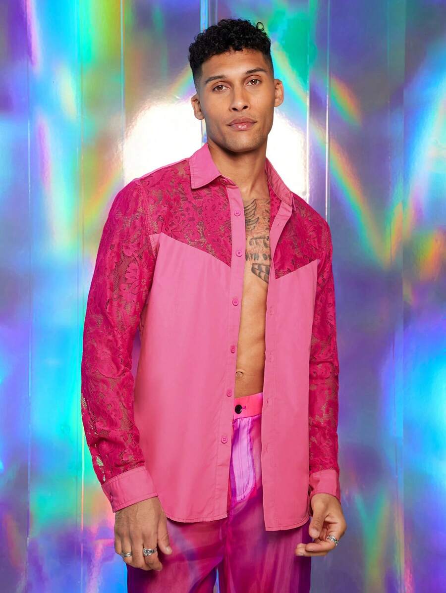 FeverCity 男士蕾丝拼布前扣长袖休闲衬衫，日常穿着 - 玫紅色 - 查看 1