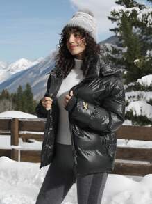 In My Nature Women Outdoor Sports Casual Urban Commute Super Warm Self-Heating Padded Coat, Shiny Black Winter Women Tops