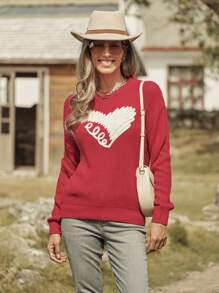 LanaWest 女式圆领长袖图案细节休闲针织毛衣新年服装 - 紅色 - 查看 4