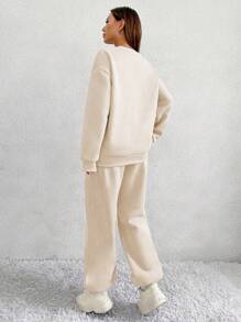 SHEIN Unity 2pcs Solid Color Crew Neck Sweatshirt And Sweatpants Set, Long Sleeve Top And Pants - Apricot - View 2
