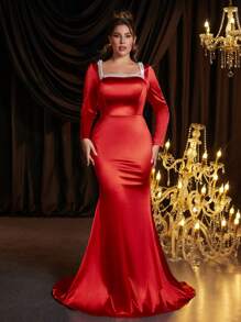 Glamrae Vestido de noche formal de talla grande, elegante y lujoso, con escote cuadrado sexy, top con bordado de cadena, copa del busto de satén, falda con cola de pez y caída
