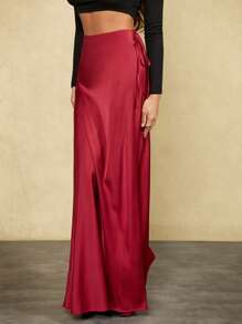 Forever 21 Vêtements d'hiver pour femmes Nouvelle jupe longue de soirée de Noël à taille basse avec cordon de serrage, jupe sirène en satin, jupe sexy bordeaux pour le Nouvel An pour femmes - Rouge foncé - Voir 7