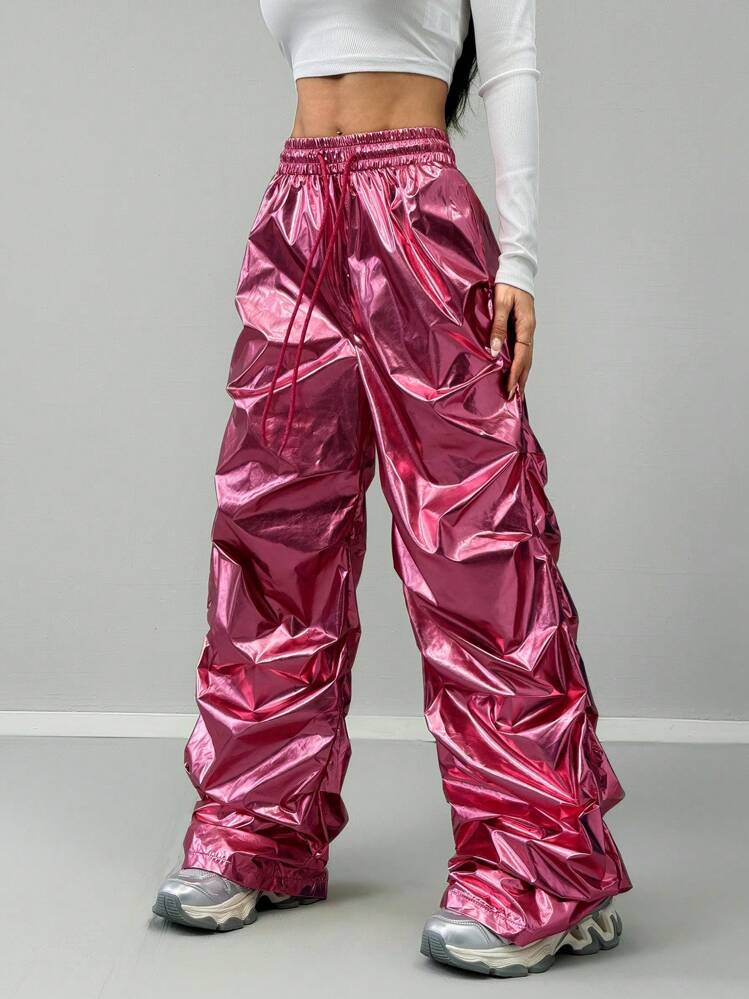 Coolane Women's Y2k PU Coated Elastic Waist Pockets Parachute Pink