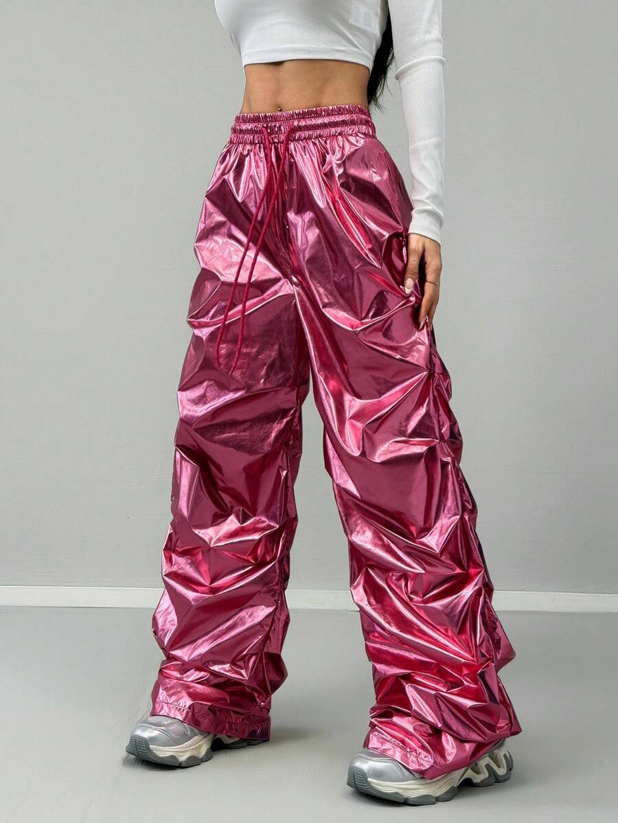 Pantalones rosas de paracaídas con cintura elástica y bolsillos para mujer, estilo Y2K