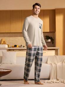 Manfinity Underwear&Sleepwear Basics 男士纯色拼布圆领长袖休闲上衣和裤子睡衣套装