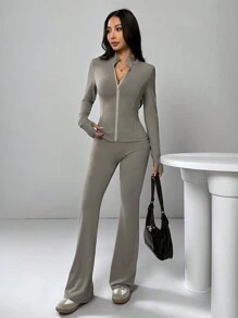 SHEIN EZwear 2 件套女士纯色前拉链长袖上衣和长裤 - 卡其色 - 查看 4