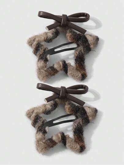 Kawaii 2 pezzi Set di fermagli per capelli in finta pelle di qualità con stampa leopardata a stelle e fiocchi, stile elegante e carino coreano, accessori quotidiani per donne e ragazze, regalo per le vacanze