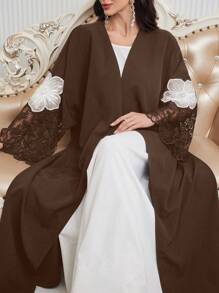 Al Najma Women Loose Fit Arabic Style Abaya Robe With Lace Cuff Patchwork & Embroidery Decor, Casual Open Abayas, For Casual Daily/Party, Modest - Coffee Brown - View 1