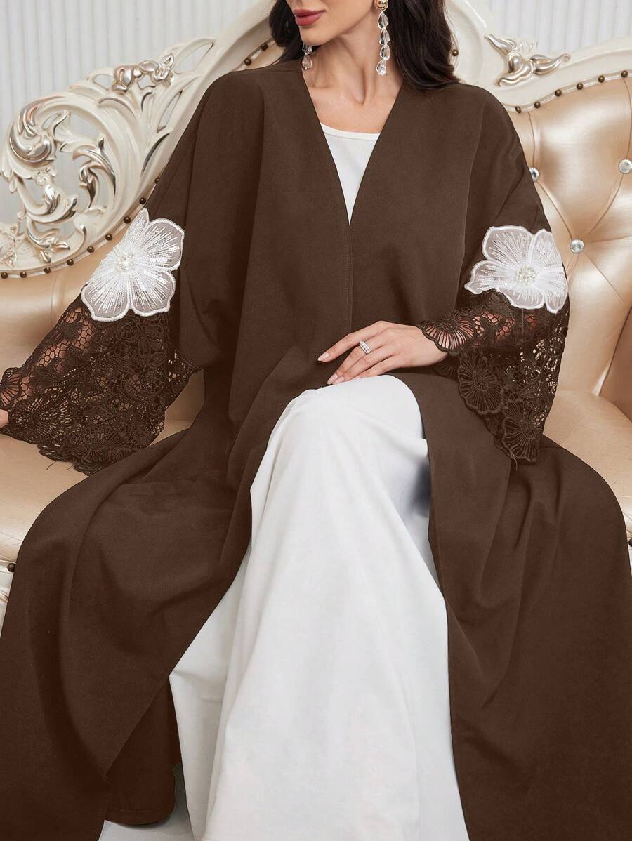 Al Najma Women Loose Fit Arabic Style Abaya Robe With Lace Cuff Patchwork & Embroidery Decor, Casual Open Abayas, For Casual Daily/Party, Modest - Coffee Brown - View 1