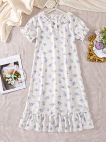 SHEIN Mädchen elegantes lila Blume Muster Nachthemd, bequemes Hauskleid - Violett - Übersicht 1