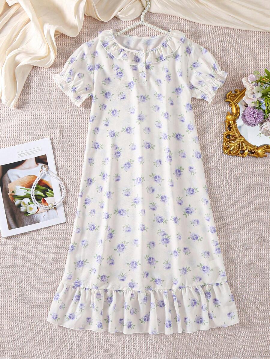 SHEIN Mädchen elegantes lila Blume Muster Nachthemd, bequemes Hauskleid - Violett - Übersicht 1
