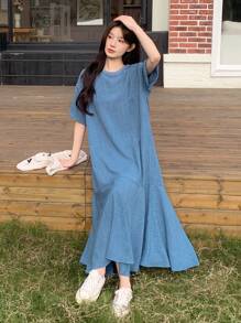 DAZY Đầm dài trơn thanh lịch dành cho nữ, thích hợp cho mùa xuân và mùa hè, kiểu đầm thường ngày. - Màu xanh lam - Xem 4