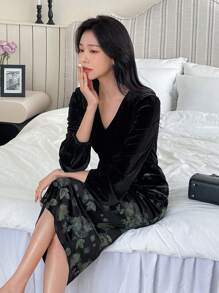 DAZY 女士中长款天鹅绒连衣裙，收腰设计，适合作为外套内的分层单品，秋季连衣裙长袖连衣裙 - 黑色 - 查看 3