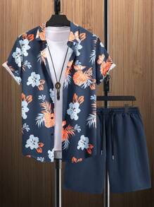 Manfinity RSRT Set casual de 2 piezas de camisa de manga corta y pantalones cortos con estampado de plantas tropicales para hombre, ideal para vacaciones