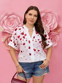 SHEIN LUNE 大码女式红心情人节春夏短袖衬衫领红心图案休闲时尚节日日常女士衬衫浪漫休闲情人节女装生日女士礼服派对衬衫优雅办公装，大码女士优雅通勤简约时尚百搭畅销衬衫，春夏百搭流行设计时尚日常穿着优雅衬衫女式衬衫