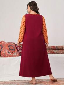 Al Najma Burgundy Red Plus Size Colorblock Round Neck Floral Printed Arabic Style Women's Abaya Kaftan Jalabiya Dress - Multicolor - View 2