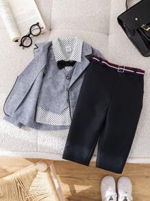 SHEIN 4pcs/Set Baby Boy Autumn/Winter Colorblock Ribbon Collar Long Sleeve Cardigan, Collar Shirt, Elastic Waist Pants Outfit With Belt, Suitable For Birthday Party, New Year, Christening, 1st Birthday, Party, Performance, Wedding, Baby Shower
