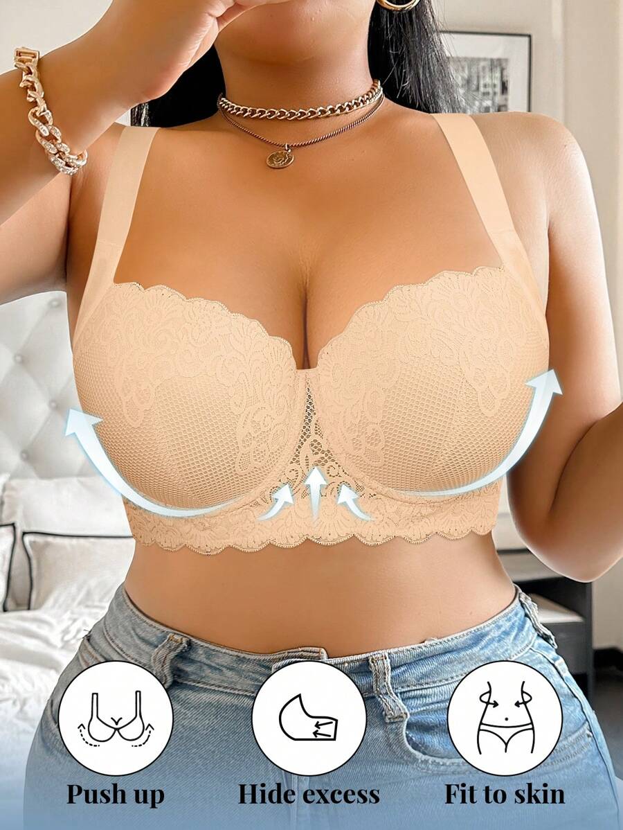DesireSculpt 1pc Plus Size Lace Comfort Underwire Shaping Boosting Underwire Bra Lingerie, Lift - Beige - View 1